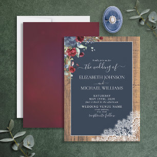 Elegant Navy Blue Burgundy Wood Script Wedding Einladung