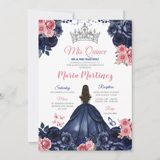 Elegant Navy Blue Butterfly Pink Floral Mis Quince Einladung (Vorderseite)