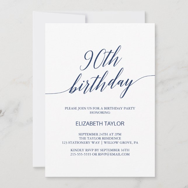 Elegant Navy Blue Calligraphy 90. Geburtstag Einladung (Vorderseite)