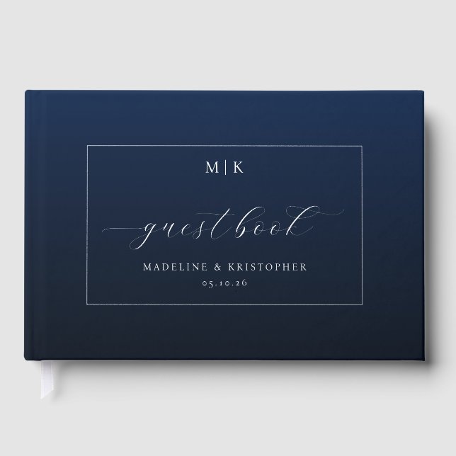 Elegant Navy Blue Calligraphy Gästebuch (Vorderseite)
