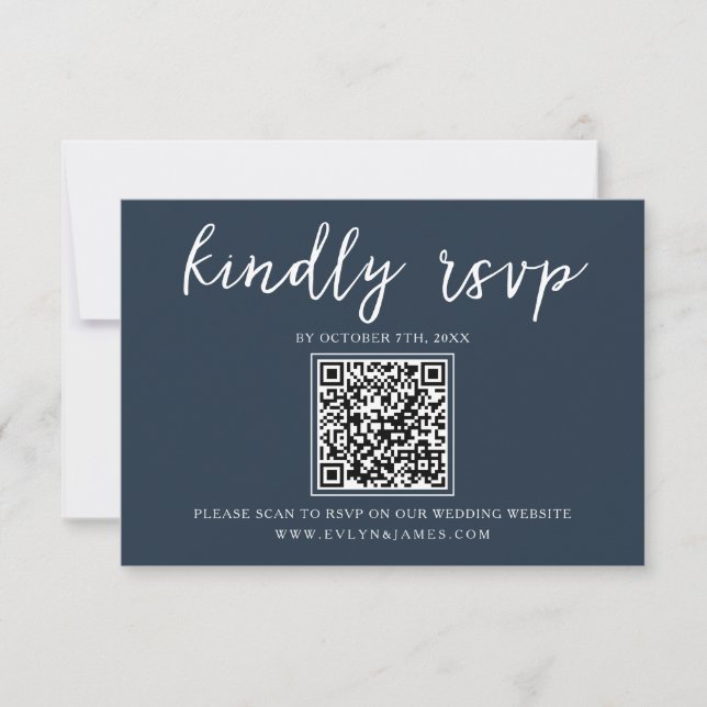 Elegant Navy Blue Calligraphy QR Code Wedding RSVP Karte (Vorderseite)