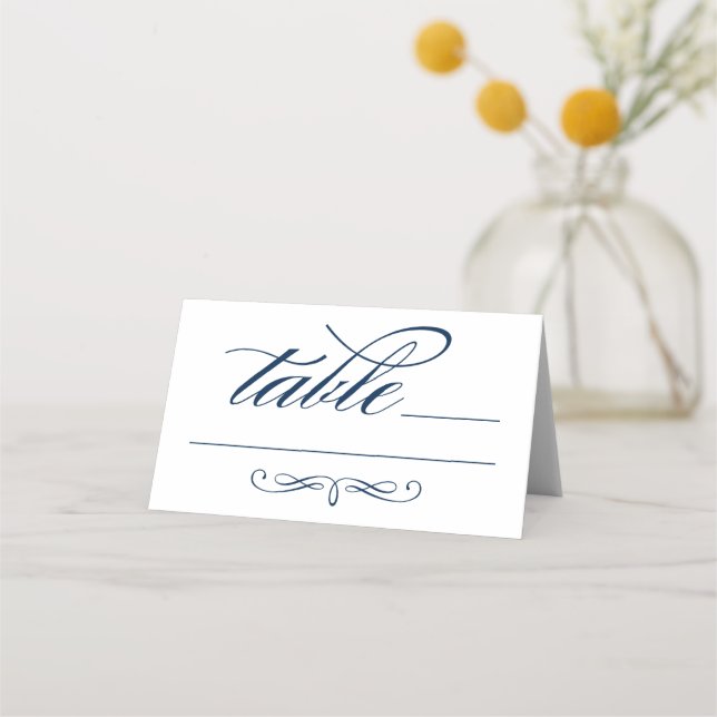 Elegant Navy Blue Calligraphy Script Wedding Table Platzkarte (Vorderseite)