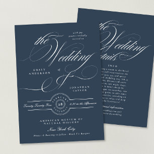 Elegant Navy Blue Calligraphy Wedding Details Back Einladung