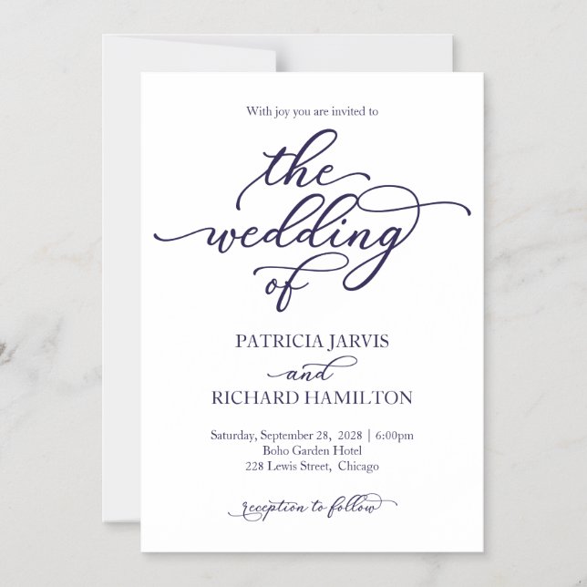 Elegant Navy Blue Calligraphy Wedding Einladung (Vorderseite)