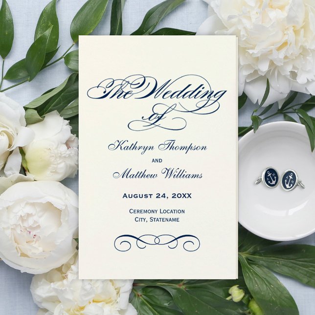 Elegant Navy Blue Calligraphy Wedding Programs (Von Creator hochgeladen)