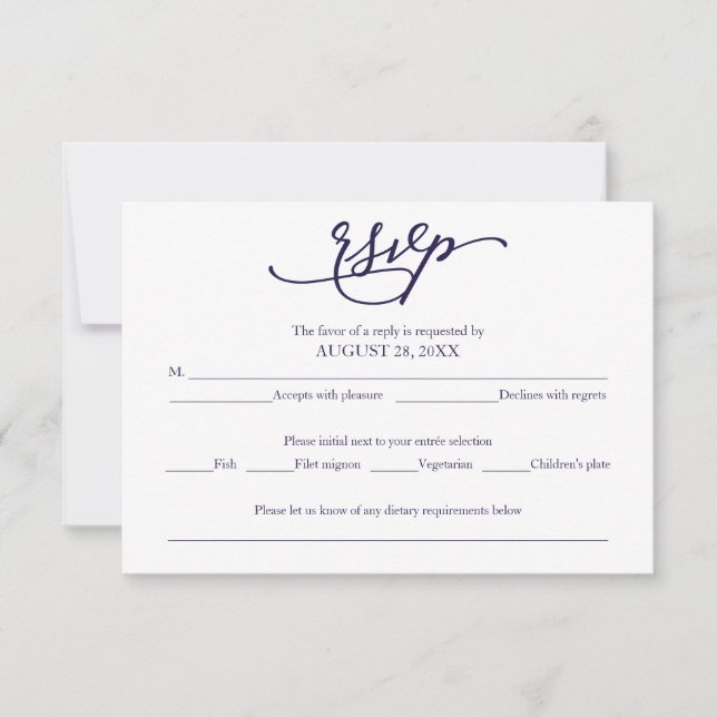 Elegant Navy Blue Calligraphy Wedding RSVP (Vorderseite)