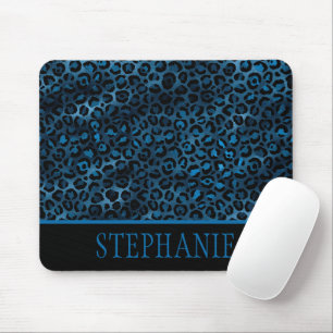 Elegant Navy Blue Cheetah Leopard Print Name Mousepad