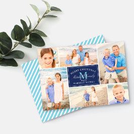 Elegant Navy Blue Christmas Monogram Foto Collage Feiertagskarte