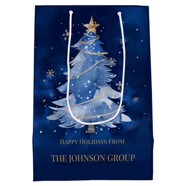 Elegant Navy Blue Christmas Tree Custom Business H Mittlere Geschenktüte (Rückseite)