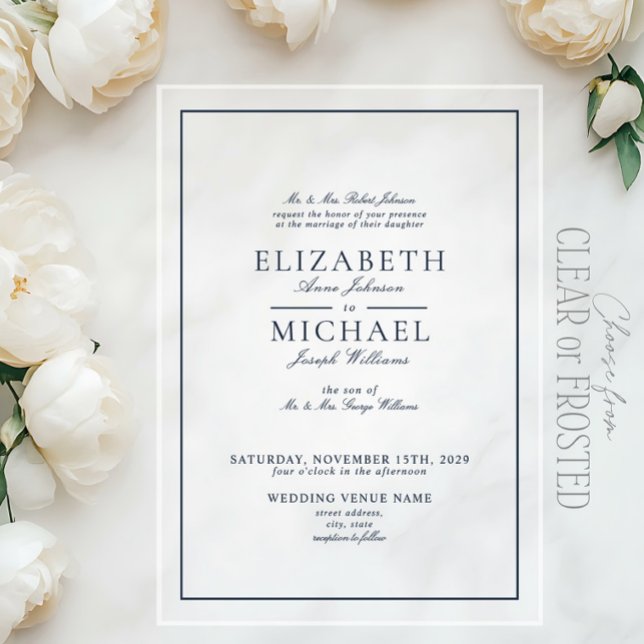 Elegant Navy Blue Classic Script Wedding Acryleinladungen (Von Creator hochgeladen)