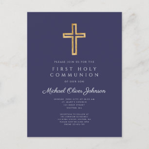 Elegant Navy Blue Cross Boy First Communation Postkarte