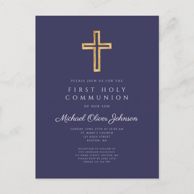 Elegant Navy Blue Cross Boy First Communation Postkarte (Vorderseite)
