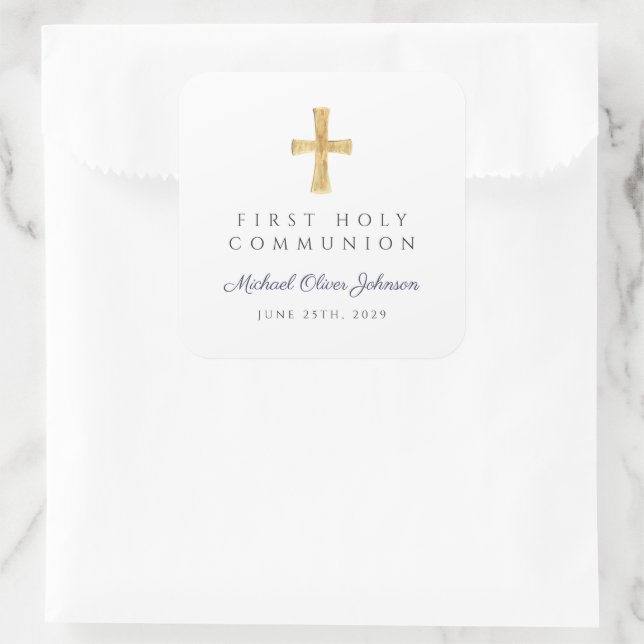Elegant Navy Blue Cross Boy First Communation Quadratischer Aufkleber (Tasche)