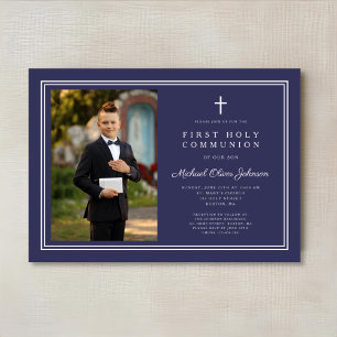 Elegant Navy Blue Cross Foto Boy First Communation Einladung