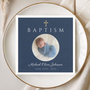 Elegant Navy Blue Cross Foto Boy Taufe Serviette
