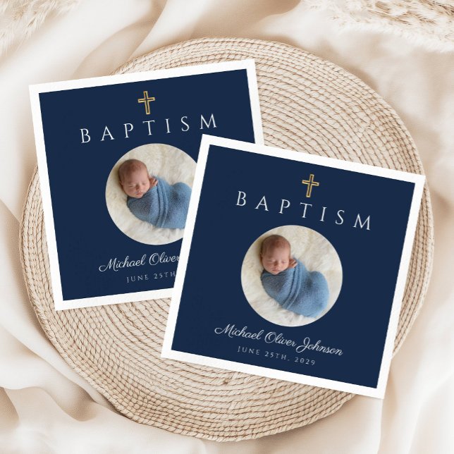 Elegant Navy Blue Cross Foto Boy Taufe Serviette (Elegant Navy Blue Cross Photo Boy Baptism Napkins)