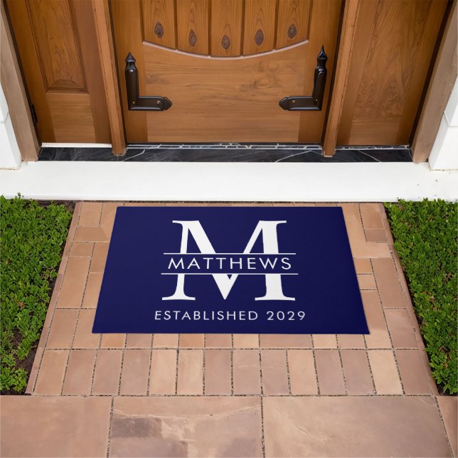 Elegant Navy Blue Custom Monogram Name Doormat Fußmatte (Außenbereich)