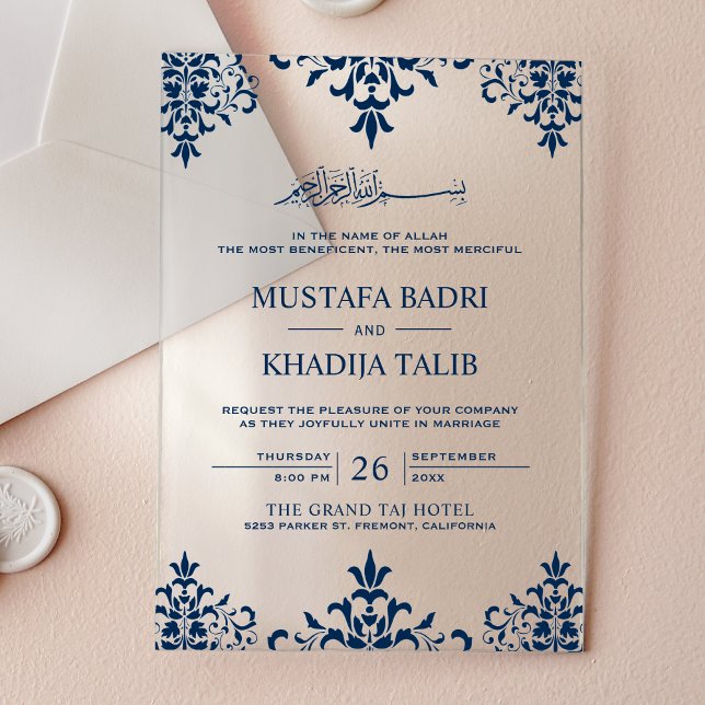 Elegant Navy Blue Damask Islamic Wedding Acryleinladungen (Von Creator hochgeladen)
