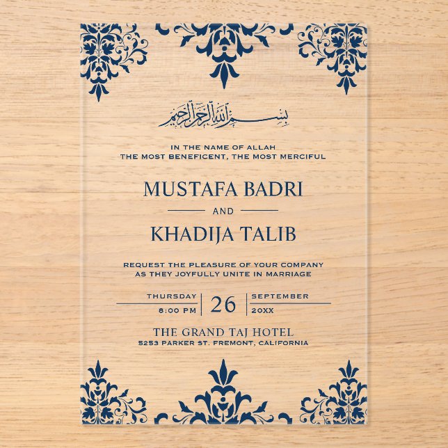 Elegant Navy Blue Damask Islamic Wedding Acryleinladungen (Vorderseite)