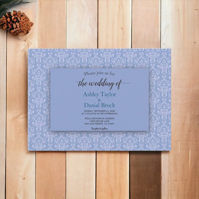 Elegant Navy Blue Damask Script Verziert Hochzeit Einladung (Von Creator hochgeladen)