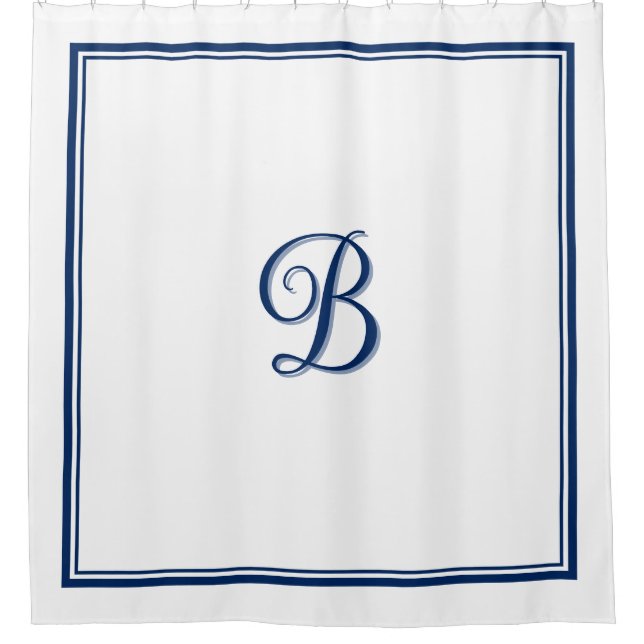 Elegant Navy Blue Double Border Script Monogram Duschvorhang (Vorderseite)