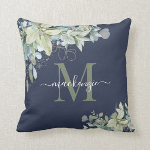 Elegant Navy Blue Eucalyptus Botanical Monogram Kissen