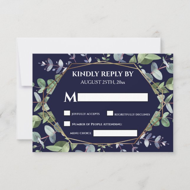 Elegant Navy Blue Eukalyptus Greenerity Wedding RSVP Karte (Vorderseite)
