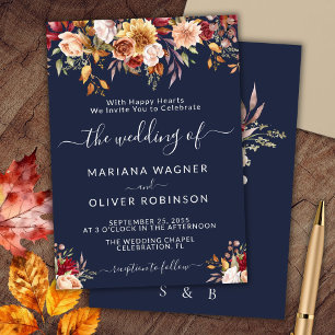 Elegant Navy Blue Fall Floral Wedding Einladung