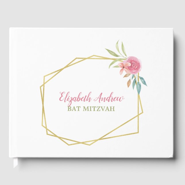 Elegant Navy Blue Floral Bat Mitzvah Gästebuch (Vorderseite)
