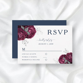 Elegant Navy Blue Floral Burgundy Peonies Wedding RSVP Karte