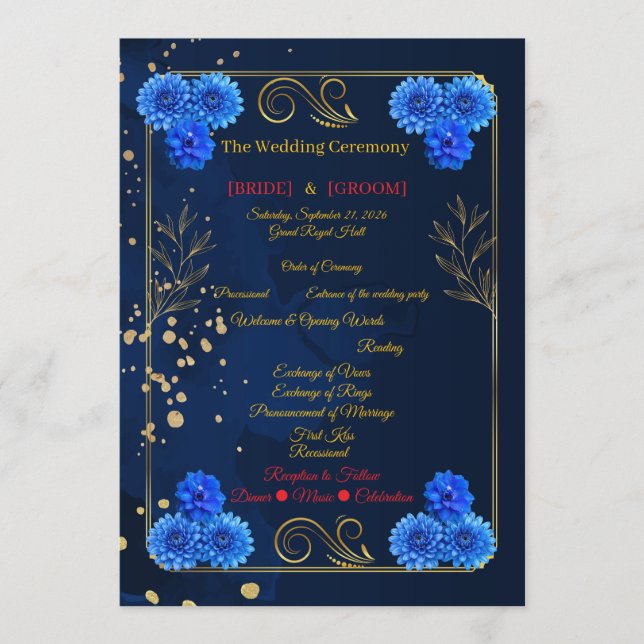 Elegant Navy Blue Floral Ceremony Program Template Programm (Vorderseite)