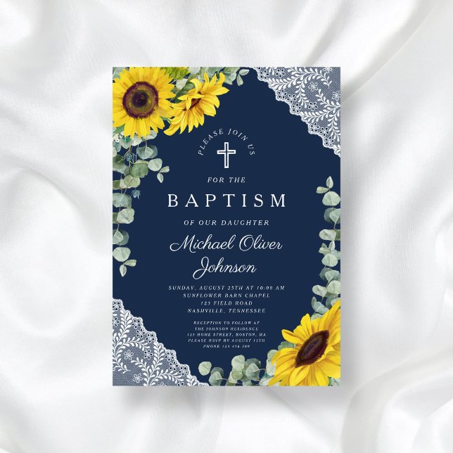 Elegant Navy Blue Floral Cross Boy Taufe Einladung (Elegant Navy Blue Floral Cross Boy Baptism Invitation)