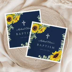 Elegant Navy Blue Floral Cross Taufe Serviette