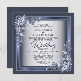 Elegant Navy Blue Floral Framed Silver Wedding Einladung