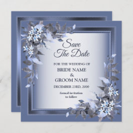 Elegant Navy Blue Floral Framed Silver Wedding Save The Date