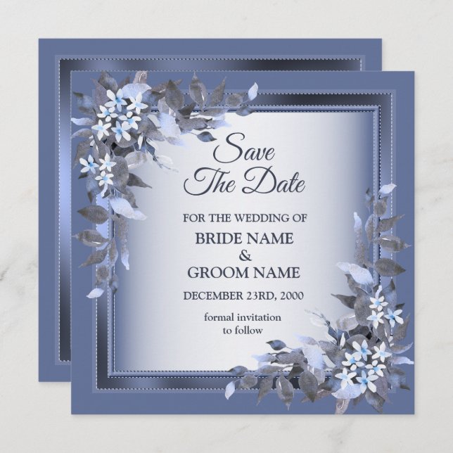 Elegant Navy Blue Floral Framed Silver Wedding Save The Date (Vorne/Hinten)
