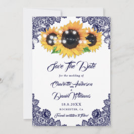 Elegant Navy Blue Floral Lace Sunflower Wedding Save The Date