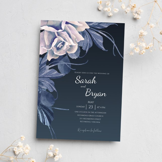 Elegant Navy Blue Floral Modern Bold Boho Wedding Einladung (Von Creator hochgeladen)