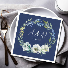 Elegant Navy Blue Floral Monogram Winter Wedding Serviette