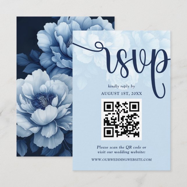 Elegant Navy Blue Floral Peony RSVP Karte (Vorne/Hinten)