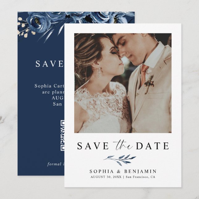 Elegant Navy Blue Floral Photo & QR Code Wedding  Save The Date (Vorne/Hinten)