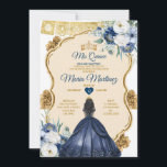 Elegant Navy Blue Floral Prinzessin Quinceañera Einladung<br><div class="desc">Elegante blaue Blütenprinzessin Quinceañera Einladung Mis Quince 15 Anos,  16. Geburtstag Schmetterling.</div>