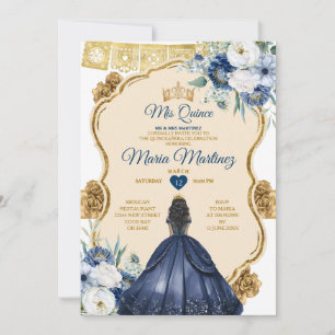 Elegant Navy Blue Floral Prinzessin Quinceañera Einladung