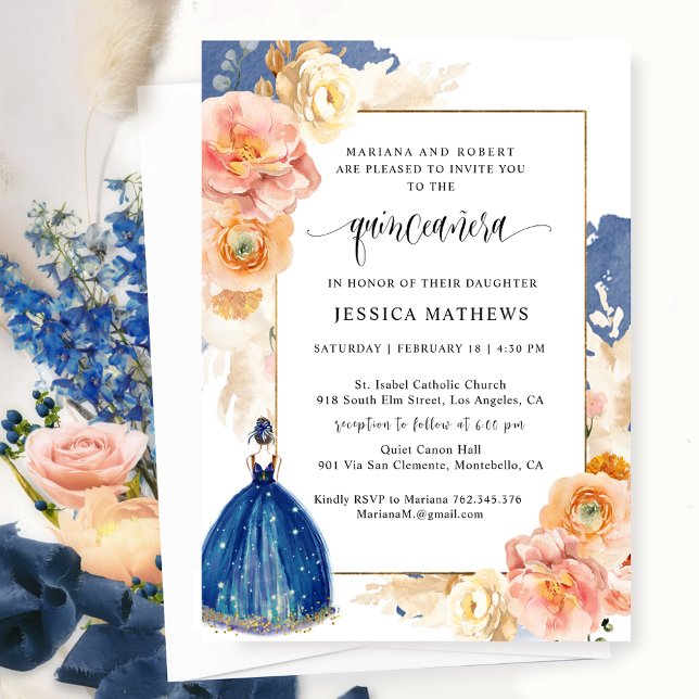 Elegant Navy Blue Floral Prinzessin Quinceañera Einladung (Von Creator hochgeladen)