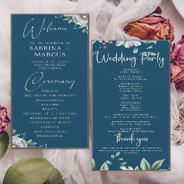 Elegant Navy Blue Floral Script Hochzeitsfeier Programm