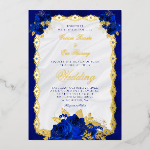 Elegant Navy Blue Floral Wedding Gold Folieneinladung