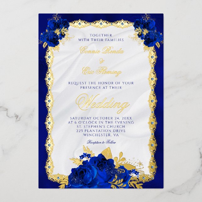 Elegant Navy Blue Floral Wedding Gold Folieneinladung (Vorderseite)