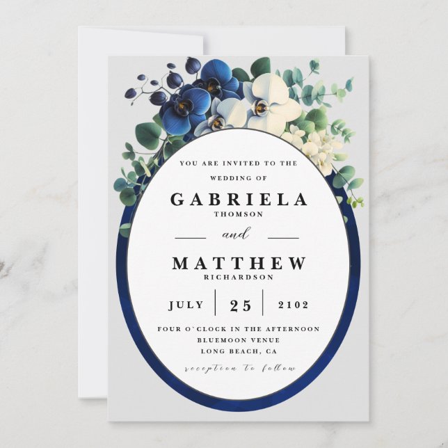 Elegant Navy Blue Floral Wedding Invitation | Edit Einladung (Vorderseite)