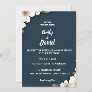 Elegant Navy Blue Floral Wedding Invitation Einladung
