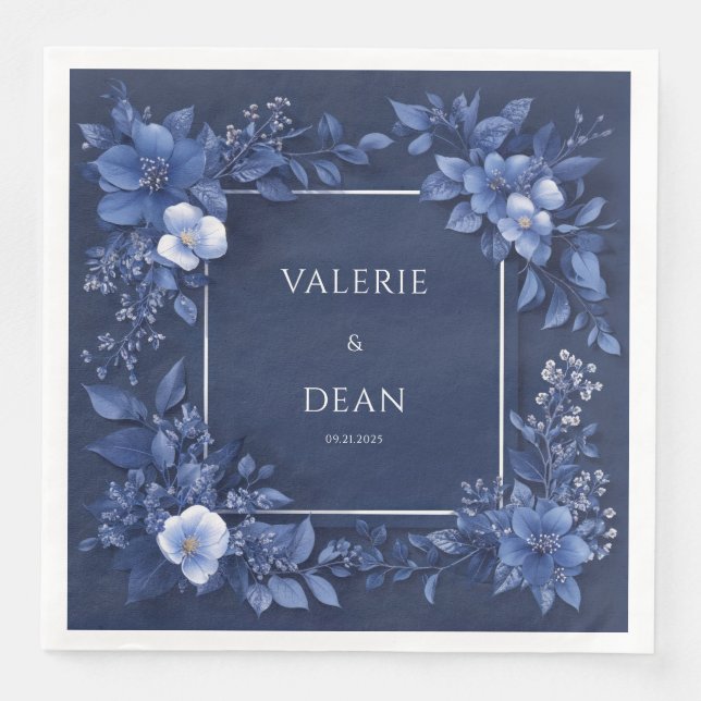 Elegant Navy Blue Floral Wedding Napkins Serviette (Vorderseite)